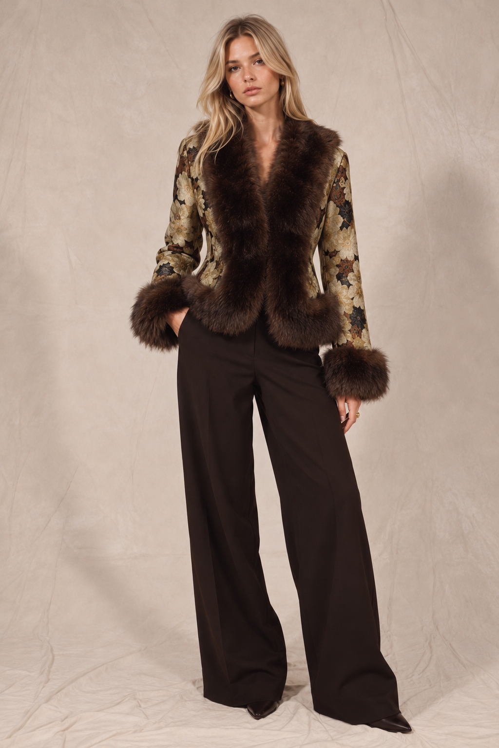 Vintage Floral Jacquard Fur Jacket