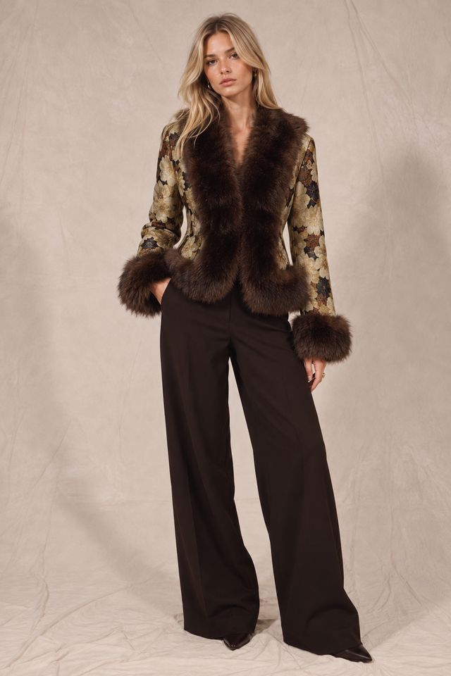 Vintage Floral Jacquard Fur Jacket